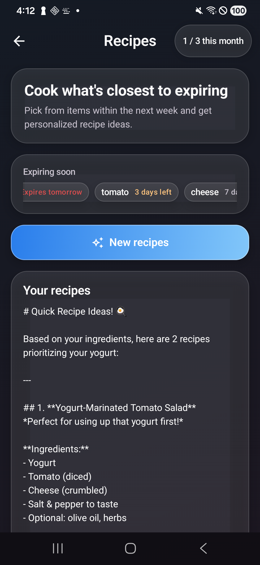FreshSave recipe recommendation screen