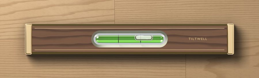 Walnut bar level with a green vial